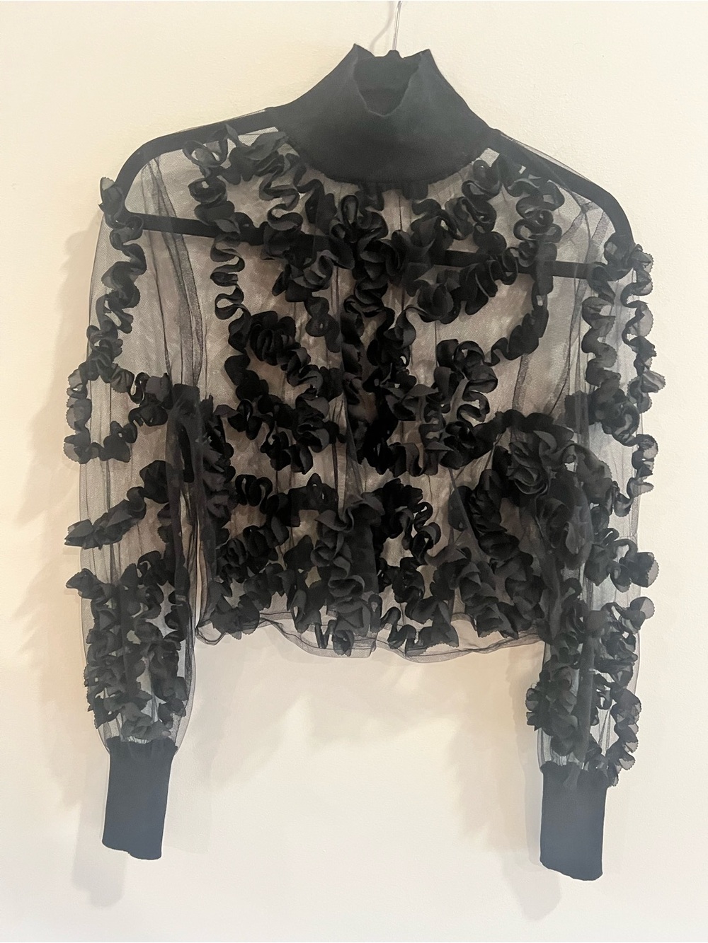 Zara Black Sheer Mesh Floral Appliqué Crop Top | Romantic Goth Statement Blouse